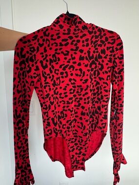 Vetements Red and Black Leopard Print Turtleneck Bodysuit